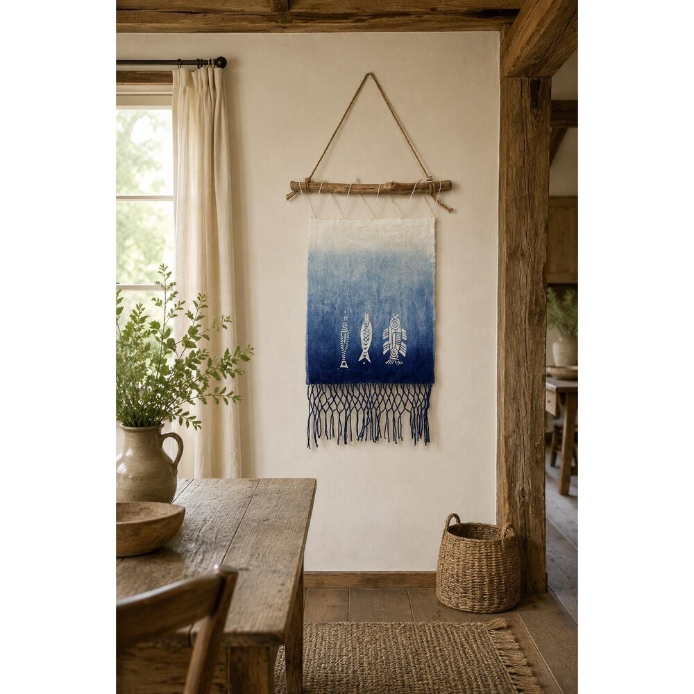 Handmade Han Dynasty Fish Batik Wall Hanging, Indigo Macramé Tapestry, Boho